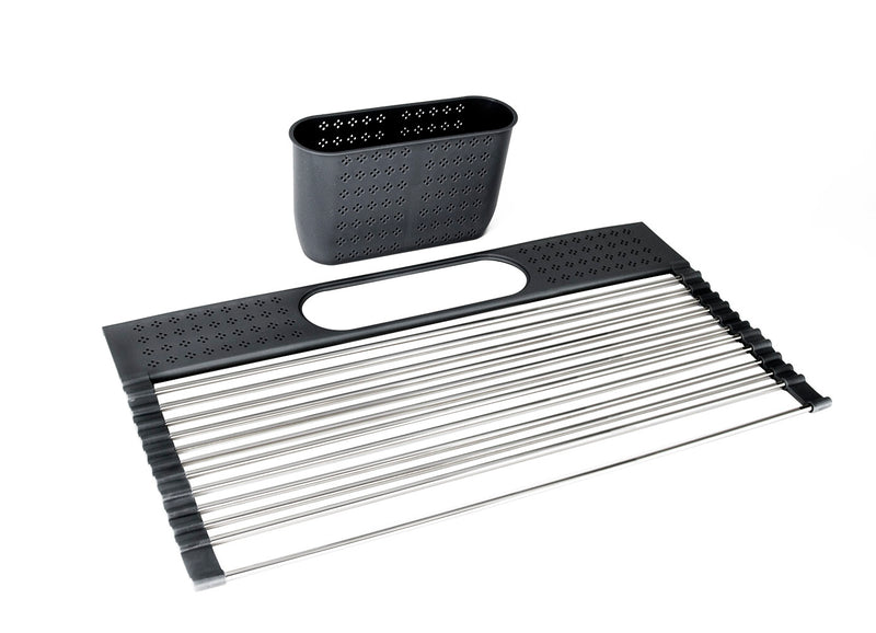AA Faucet Black Stainless Steel Roll-Up Dish Drying Rack with Utensil Caddy (AR-28CM-BK)