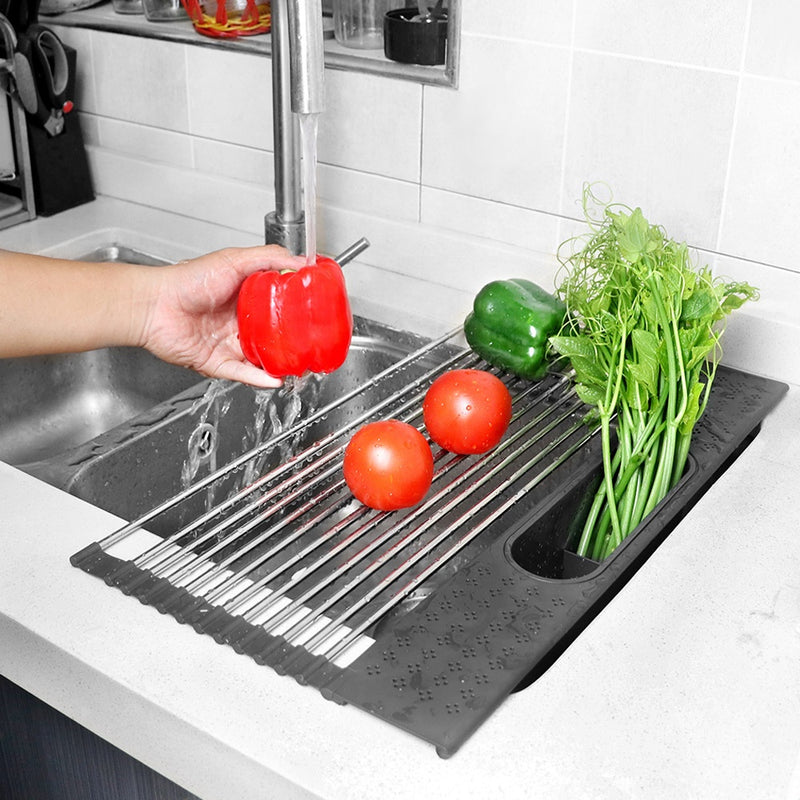 AA Faucet Black Stainless Steel Roll-Up Dish Drying Rack with Utensil Caddy (AR-28CM-BK)