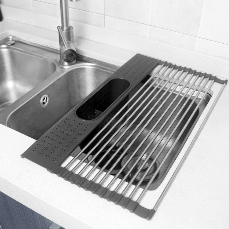 AA Faucet Black Stainless Steel Roll-Up Dish Drying Rack with Utensil