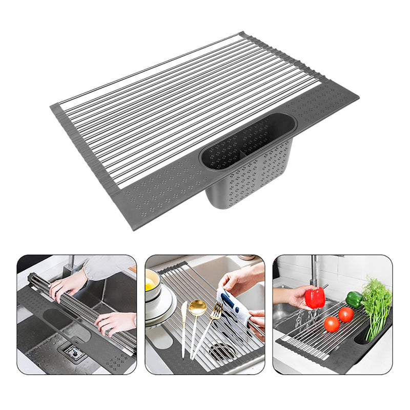 AA Faucet Grey Stainless Steel Roll-Up Dish Drying Rack with Utensil Caddy (AR-28CM-GY)