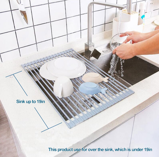 AA Faucet Grey Stainless Steel Roll-Up Dish Drying Rack with Utensil C